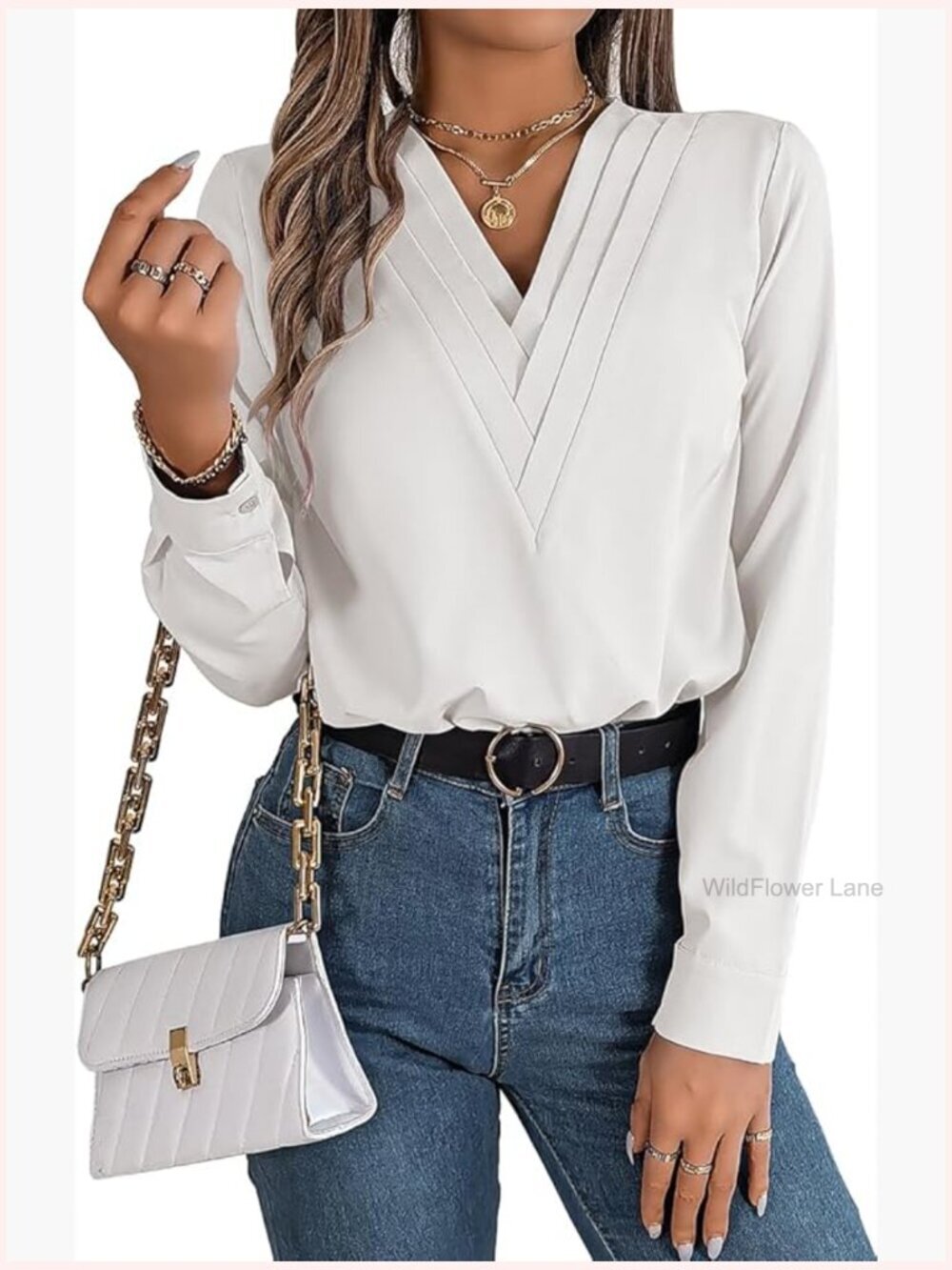 V-Neck Pleated Blouse Long Sleeve Office Top Business Casual